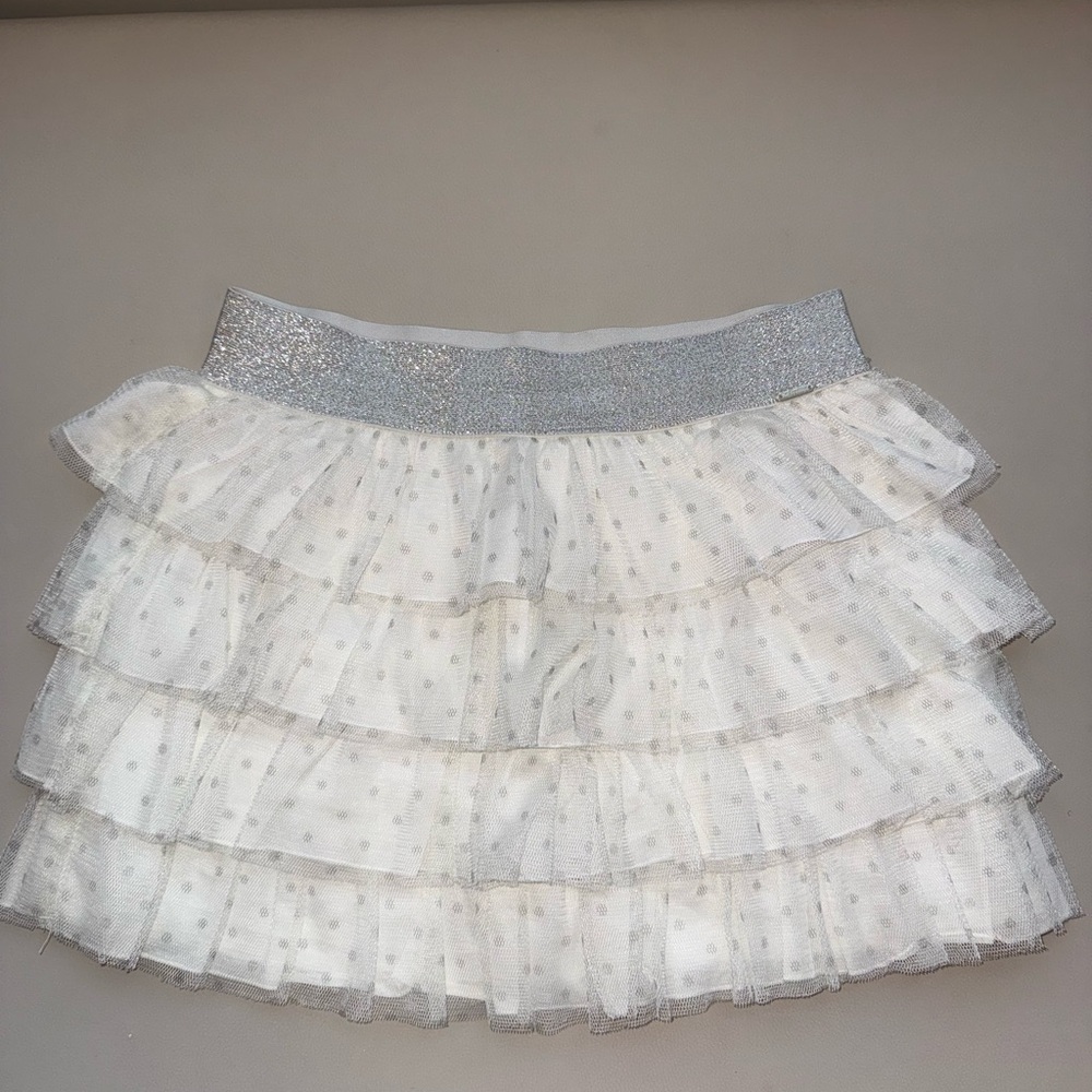 Girls White Sparkle Tiered Tulle Skirt with Silver Glitter Waistband